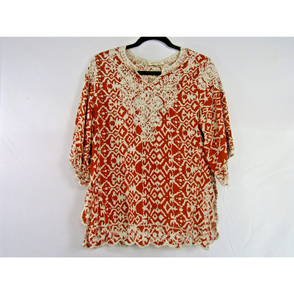 Anthropologie Solitaire Orange Embroidery Top sz L Whimsical Scalloped Fair Boho - Picture 1 of 8